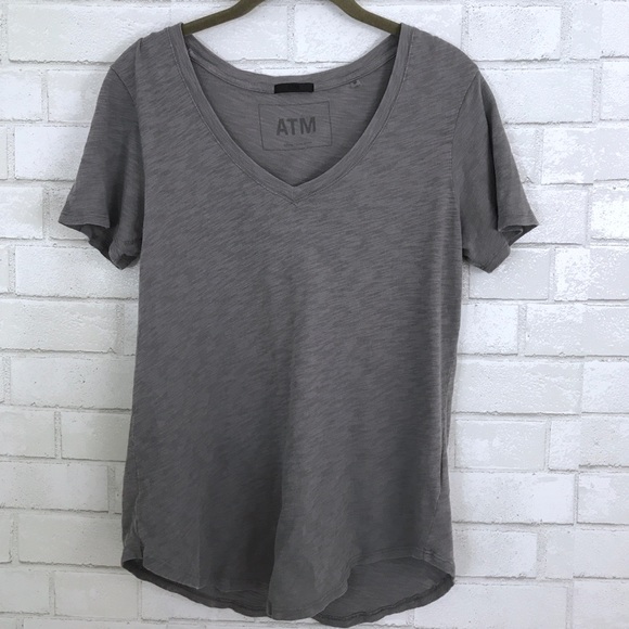 ATM Anthony Thomas Melillo Tops - ATM  Womens Gray V-Neck Slub Short Sleeve Tee